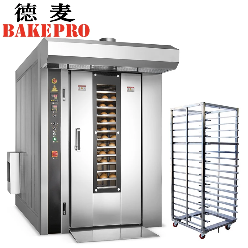 BAKEPRO 12 trays Diesel rotary oven baguette baking machine with steam for bakery gas rotary rack oven with single trolley