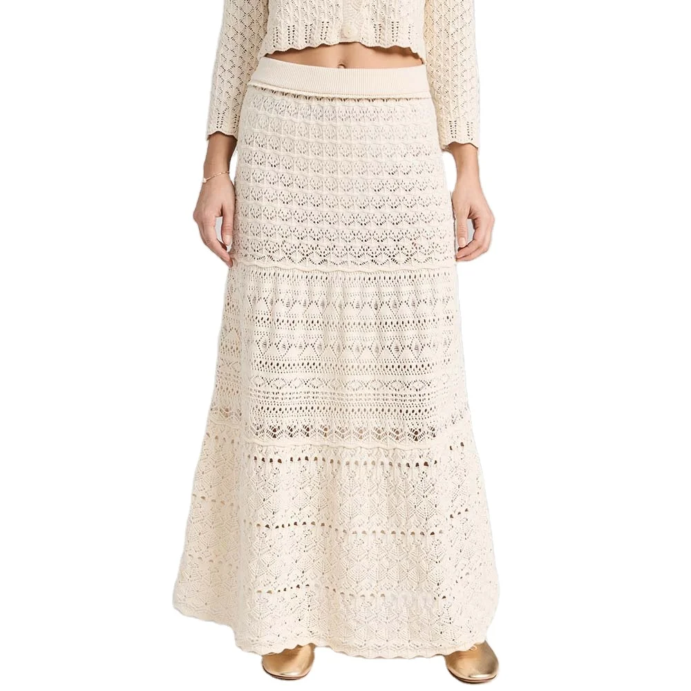 Knitwear Manufacturer Custom Spring Summer Autumn Winter Hollowed Out Lace Up Crochet Knitted Maxi Skirt