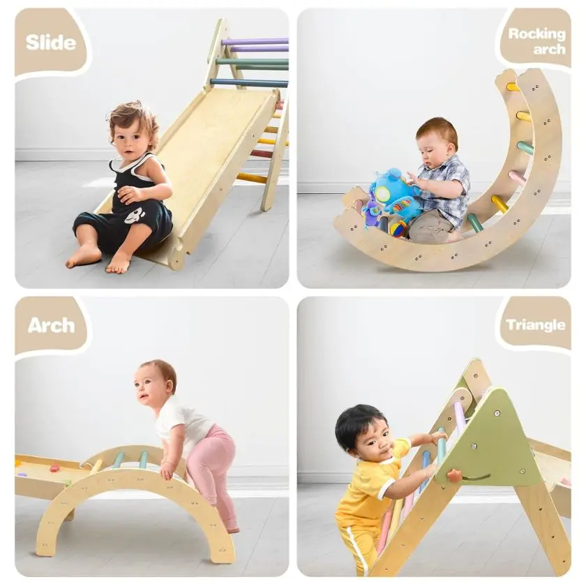 Montessori Playground 4 in 1 Detachable Wooden Pickler Triangle Semicircle Climbing Frame and Slide