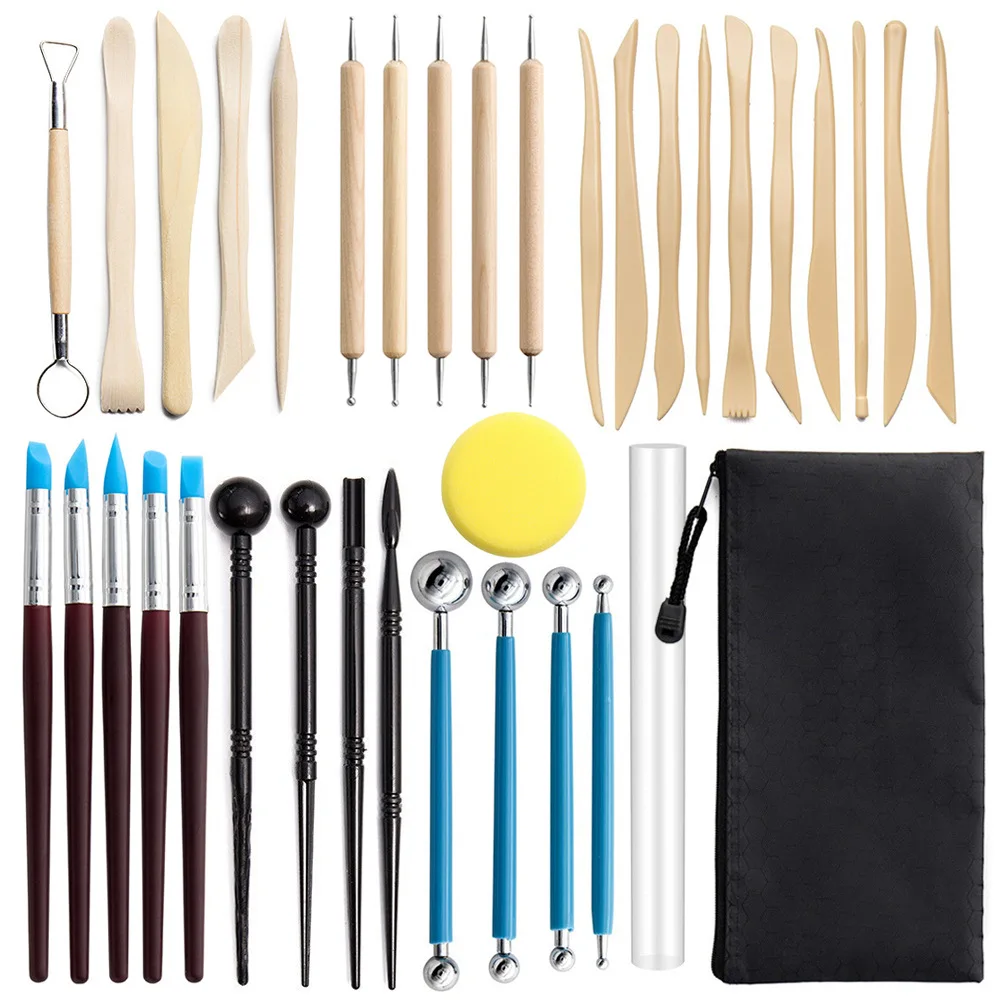 Ceramic Tools 36 Piece Set Stone Plastic Clay Carving Knife Silicone Dot Drill Pen Acrylic Stick Rolling Pin
