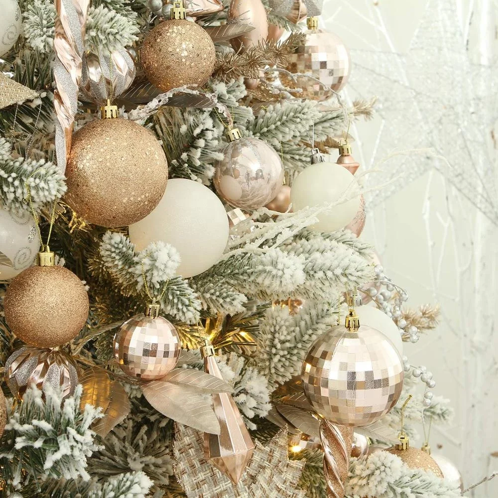 Personalized Christmas Tree Decoration Hanging Bauble Set 87ct Assorted Shatterproof Plastic Rose Gold Christmas Ball Ornaments