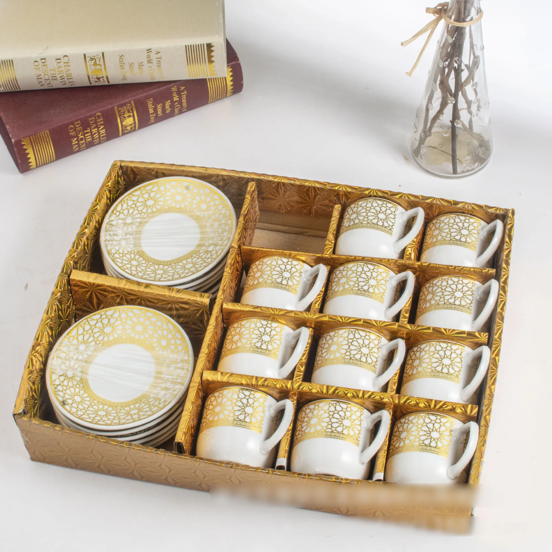 arabic ceramic creative water mugs European  coffee table set modern cup gift box set of 6 tea coffee cup and saucer set