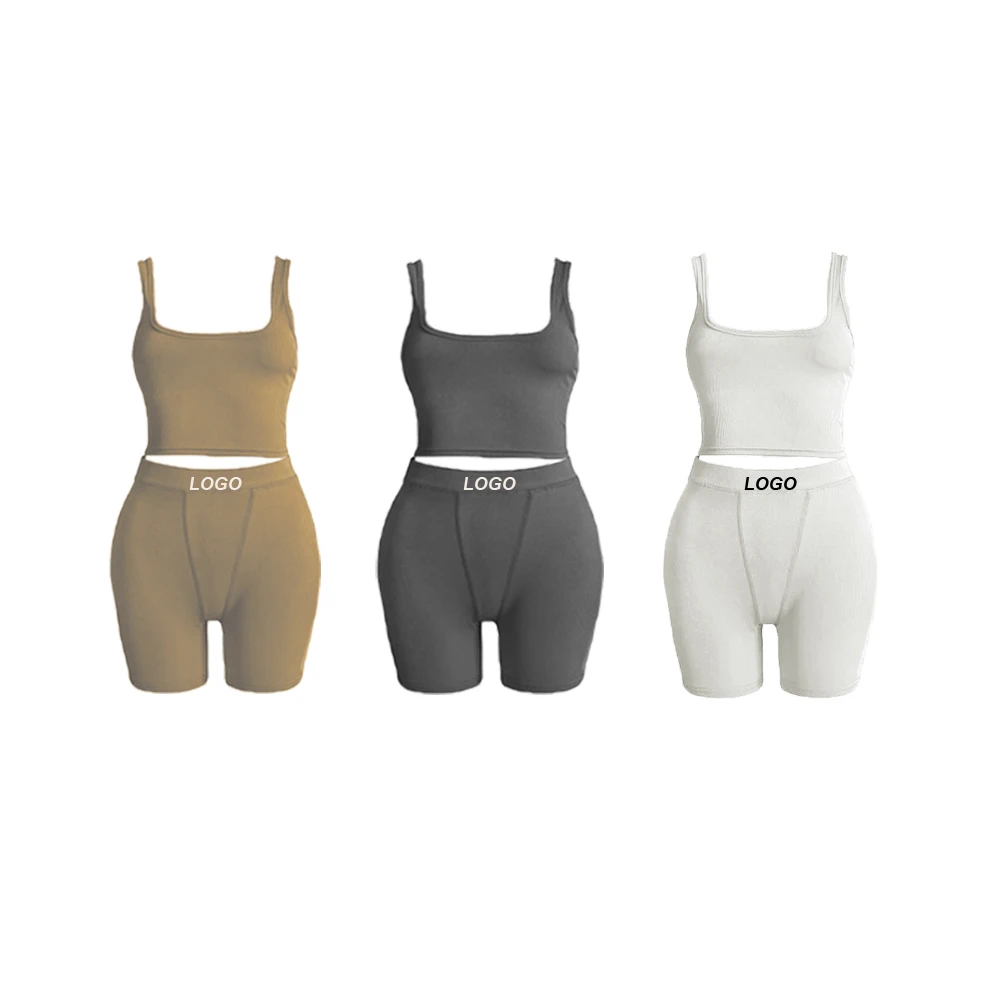 Custom Logo Casual Women Clothing Wear Summer Short Outfits Ribbed Tank Top And Shorts Skims Two Piece Set