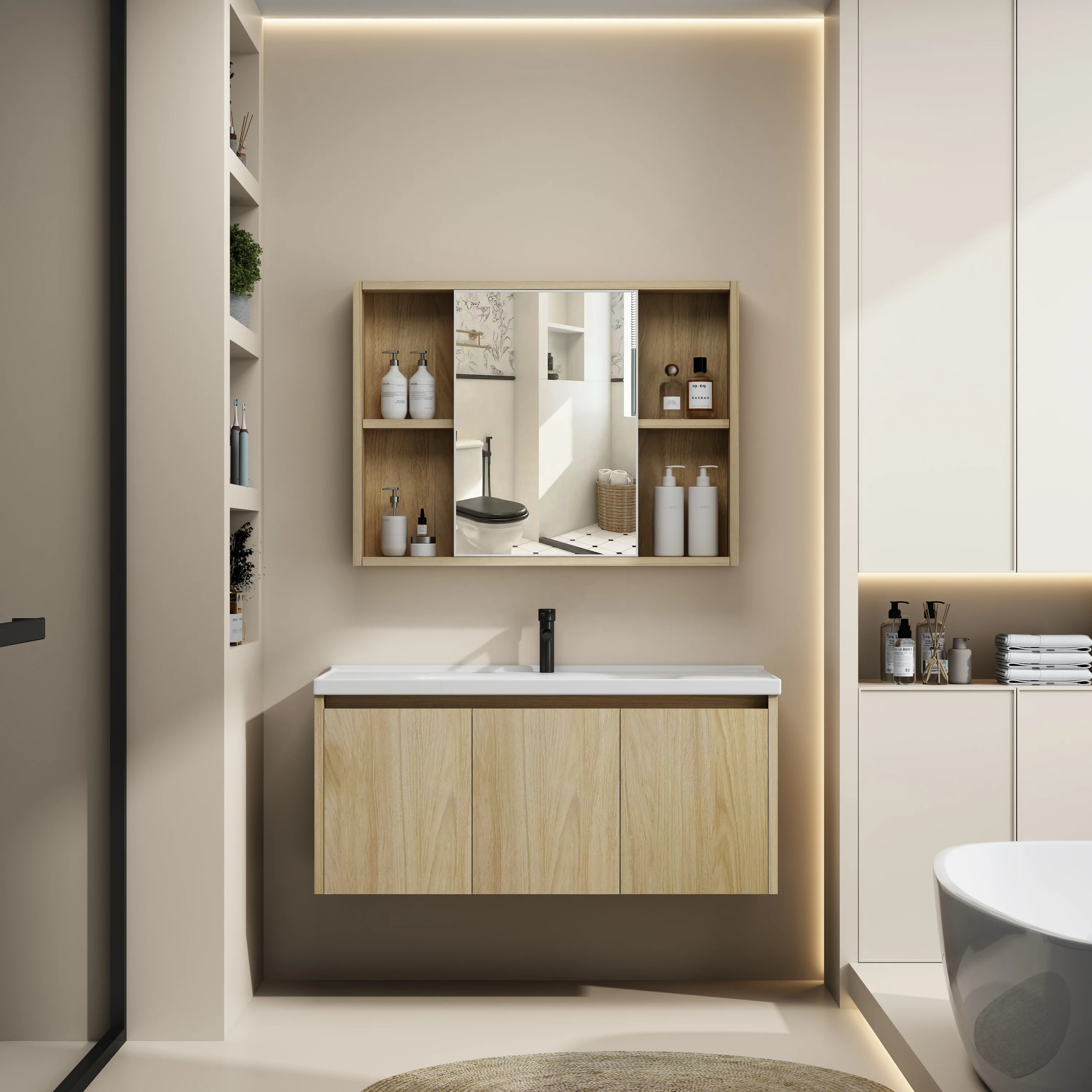 Factory Price Modern Bathroom Wall Cabinet Vanity Double Door Storage Cabinet Wash Basin with Mirror