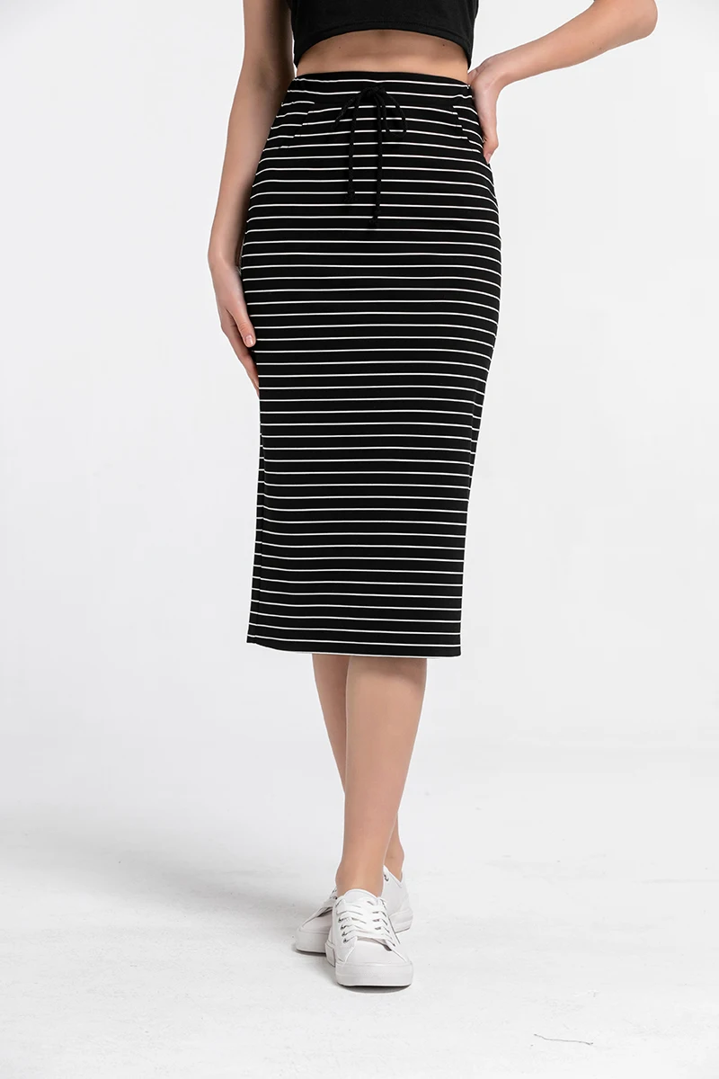 Женская юбка-карандаш до колен, эластичная длинная юбка в полоску со средней талией и шнуровкой