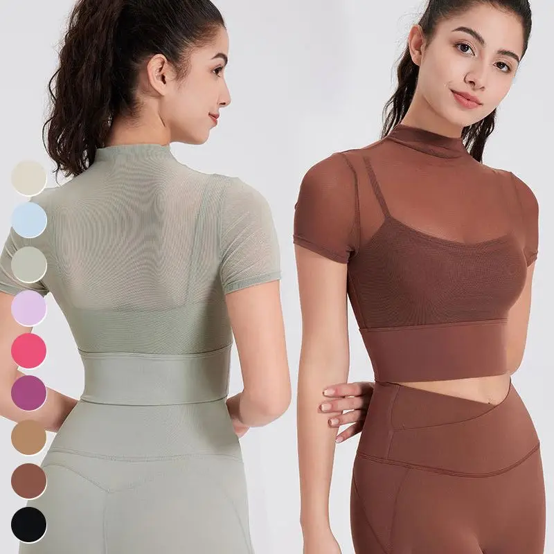 Quick Dry Workout Crop Top Sexy Mesh Running Woman Clothing Short Sleeve Fixed Padded Fitness T-shirt Sports T Shirt For Women