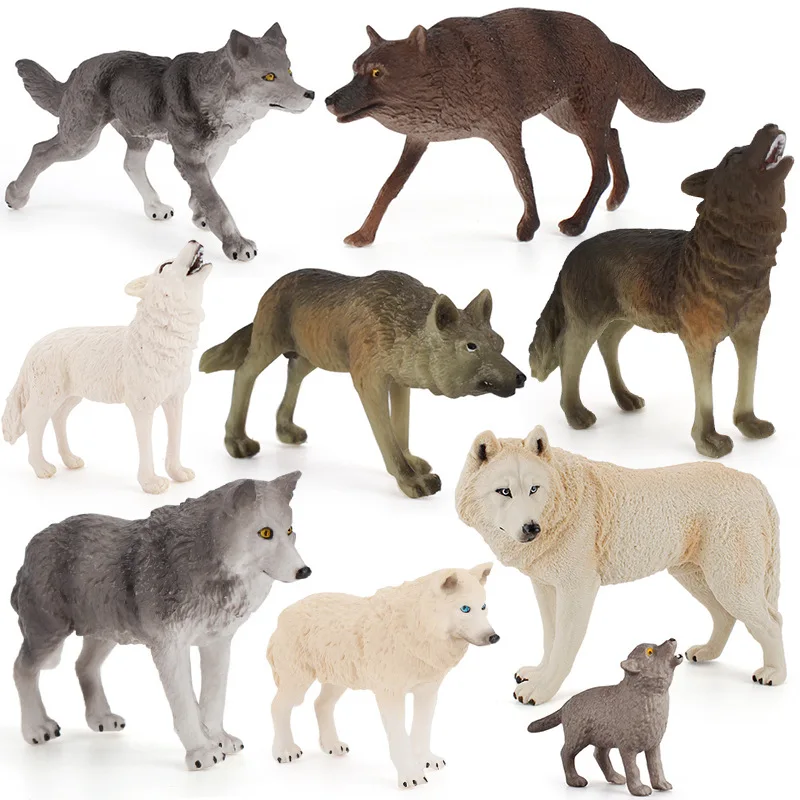 Cross-border wildlife park simulation static solid male growl white wolf pup 9-piece set of ornaments toys