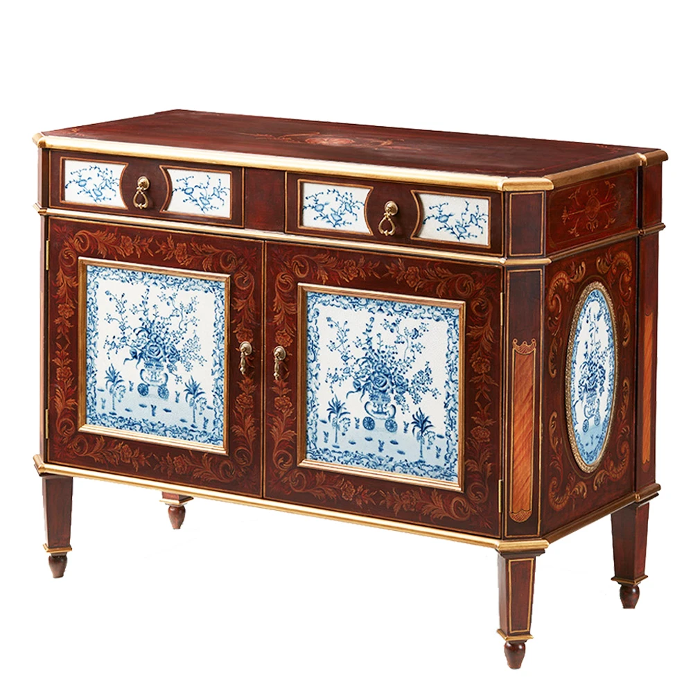 Nostagic Classic Chinoiserie Style Handpainted Blue and White Wood Bombe Chest Sideboard Buffet Cabinet