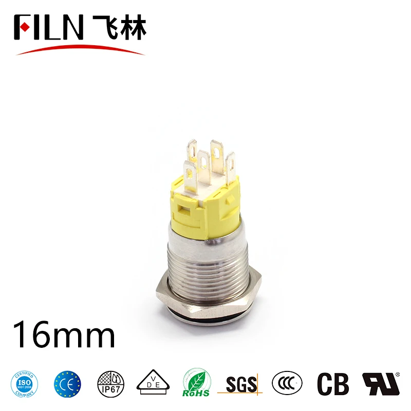 FILN 16mm stainless steel/brass nickel plated latching Momentary 1NO1NC antivandal waterproof  12V 220V led Metal Push Button