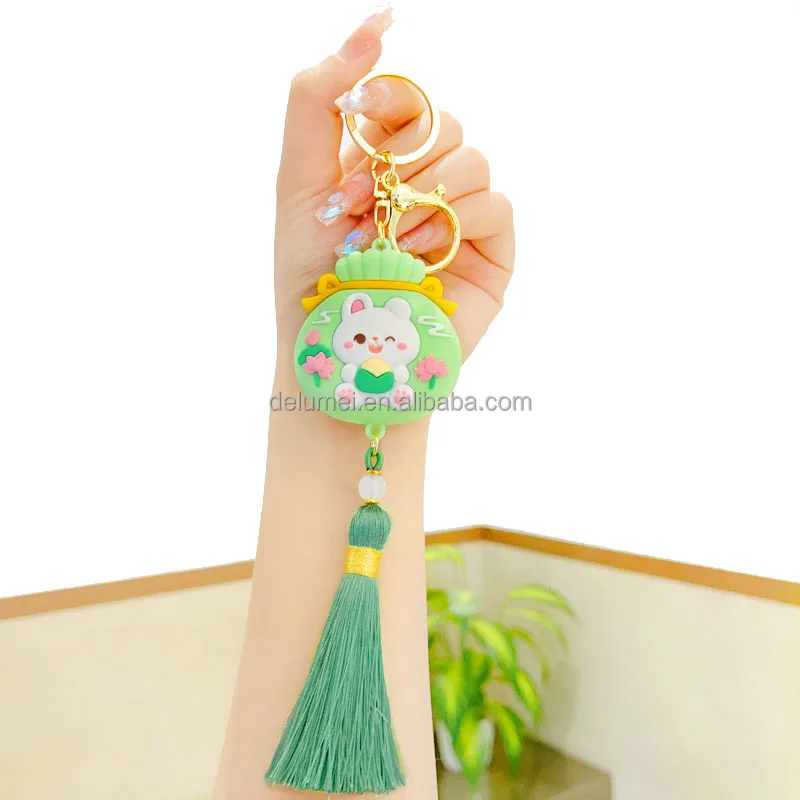 Soft Rubber Creative Keyring lanyard Bags Car Accessories Chinese Dragon Boat Festival PVC 3D Cartoon Lucky Rabbit Keychain