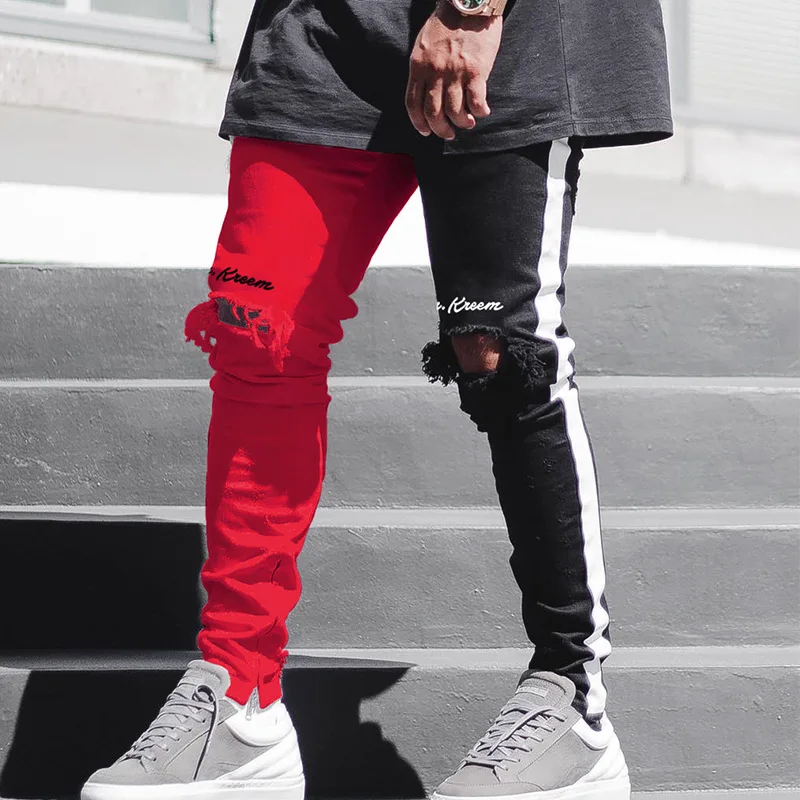 Abbigliamento Uomo Stylish Ripped Trouser Denim Pants Skinny Jeans Black White Male Men Slim Straight Coated Nonwoven Mid Waist
