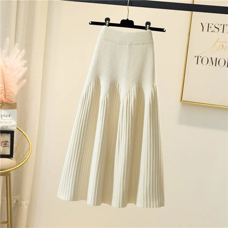 2022 New Autumn And Winter Mid-length Solid Color A-line Skirt Casual All-match Knitted Pleated Half-length Skirt Elegant skirt