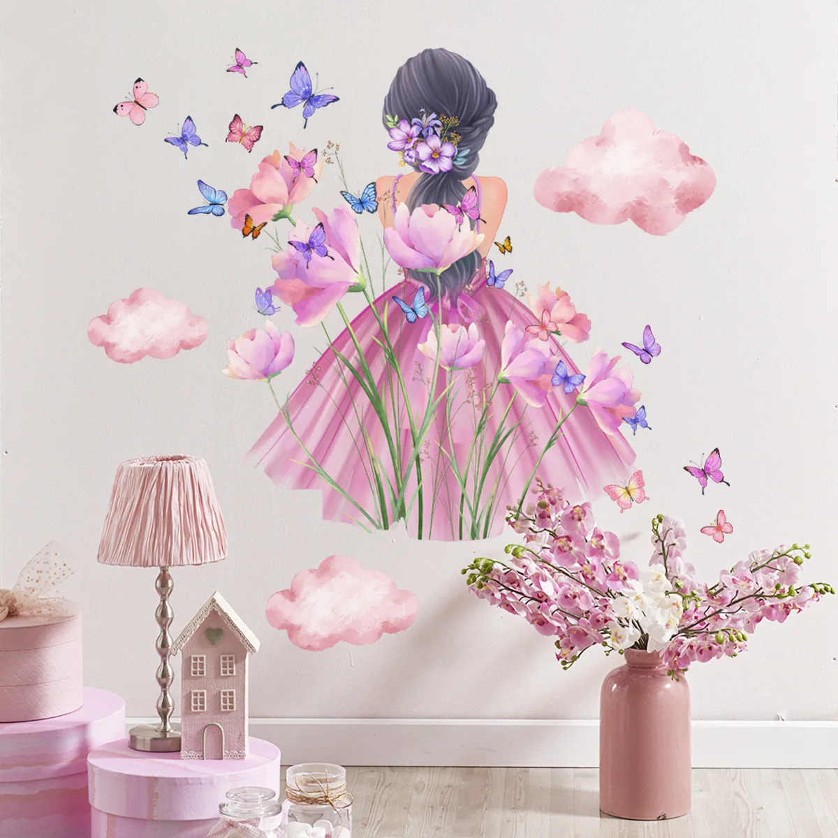Beautiful Flowers View of Girls Back Wall Sticker For Kids Room Indoor Wallpaper For Decoration And Promotion