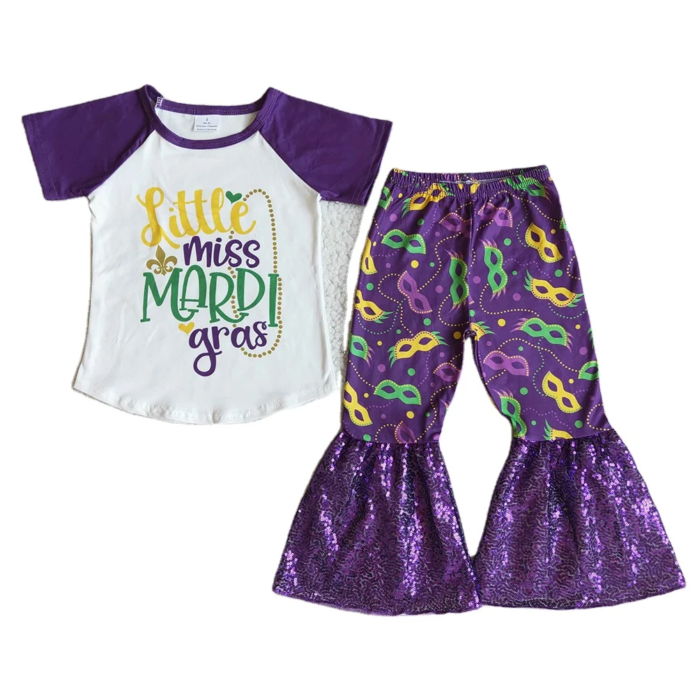 Girl Short Sleeve Raglan Shirt Dark Purple Flare Pants Set Toddler Kids Letters And Sequins Stitching Outfit For Mardi Gras