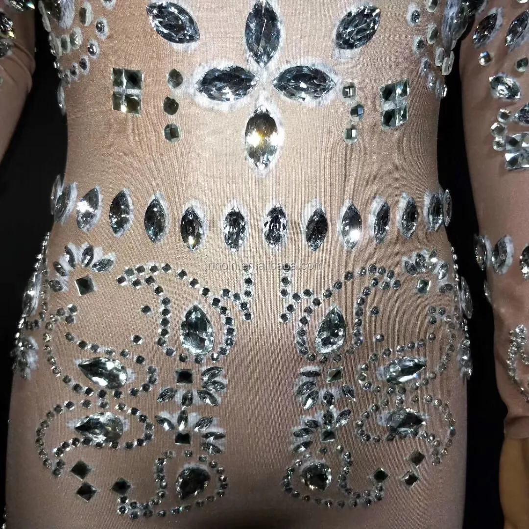 Women Ballroom Dance Costume Stretched Rhinestone Jumpsuit Crystal Siamese Drill Leotard Tights Disco Wear Outfit Singer DS