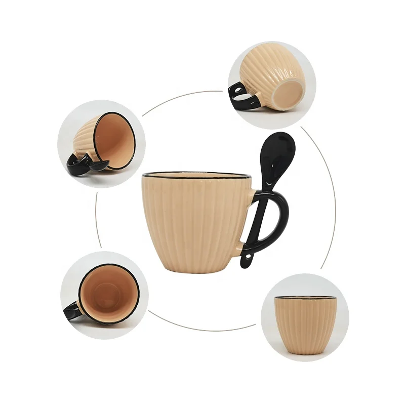 2022 New design coffee mug ceramic mugs cup with spoon with Embossed stripe