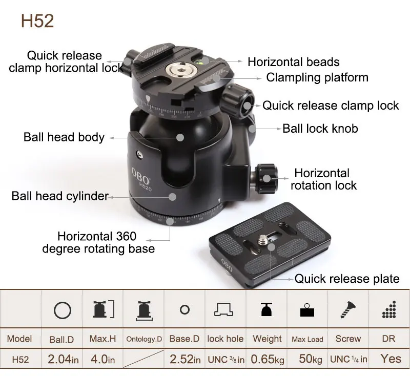 OEM/ODM Photography equipment accessories diameter 52mm ball head for tripod