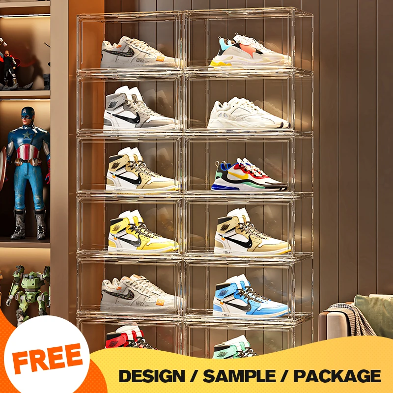 Wannuo Hot Sale Plastic Shoe Boxes Wholesale Clear Shoe Box Storage Shoe Organizer Storage Box with Magnet