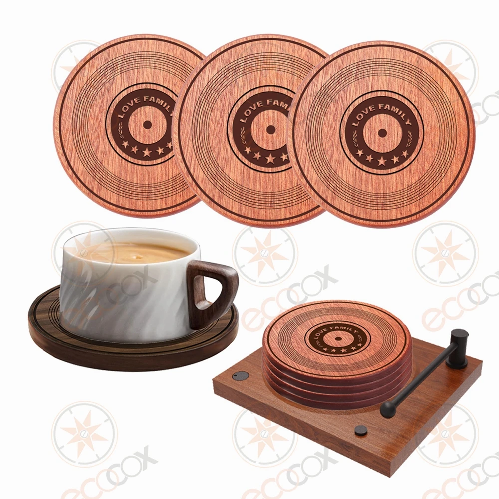 Premium Solid Wood Coasters Funny Retro Design Vinyl Record Wooden Kitchen Trivet with Player Music Coaster Holder Manufacturer