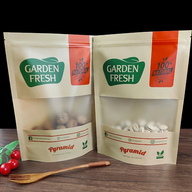 Custom Printed Composite Materials Zip lock Kraft Paper Stand Up Pouch Zipper Bag with Window For Nuts Snacks Tea