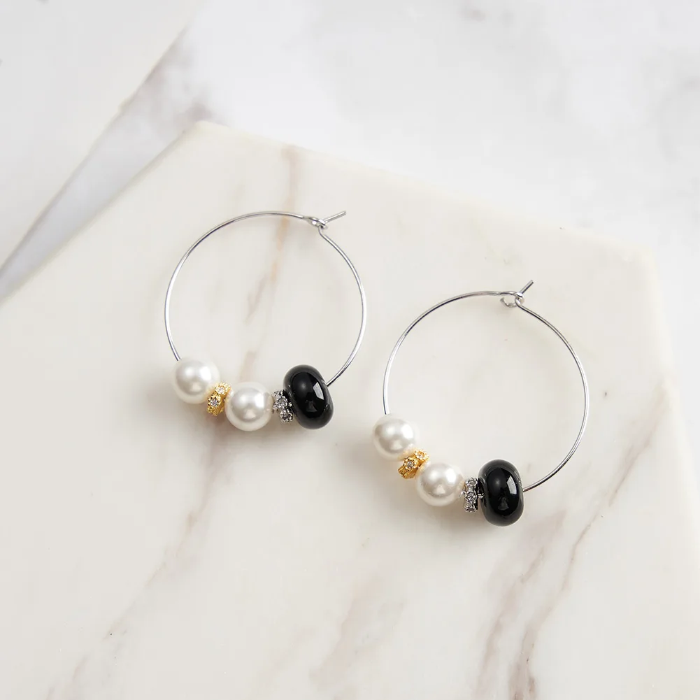 RINNTIN GME47 Premium Original Design 925 Sterling Silver Hoop Black Agate Earrings For Women Jewelry Gifts
