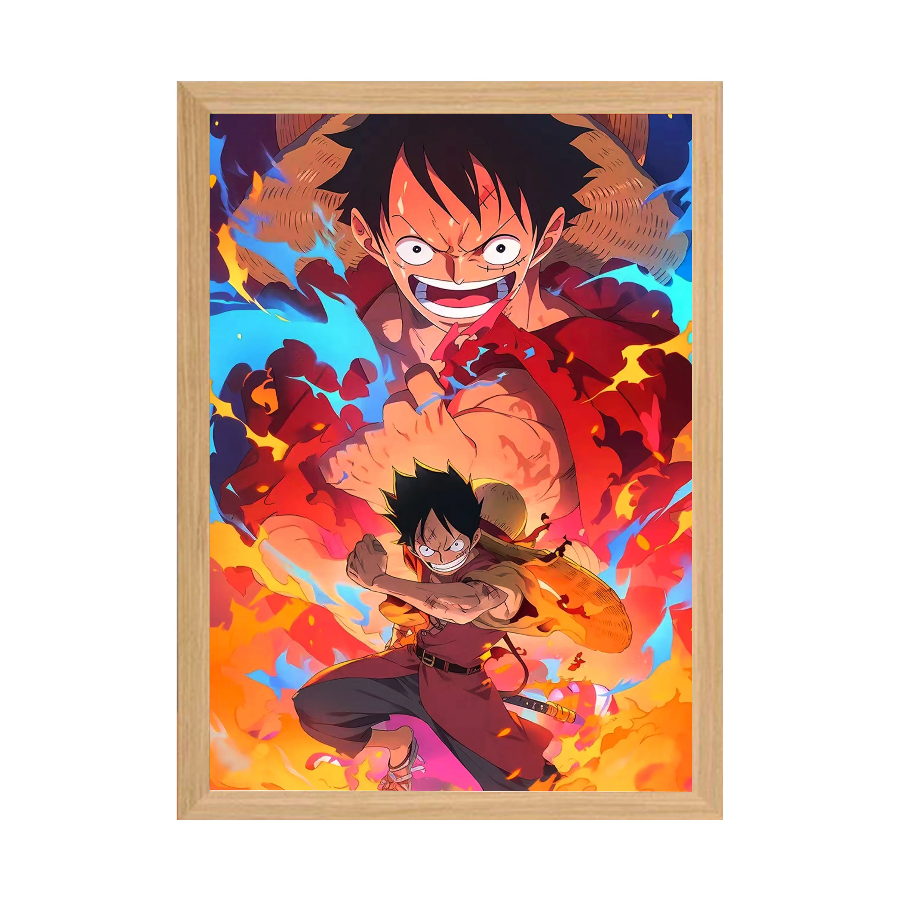 LED Decorative Light Painting Lamp Anime Luffy Three Color Light Glowing Solid Wood Photo Frame luminous Hanging Poster