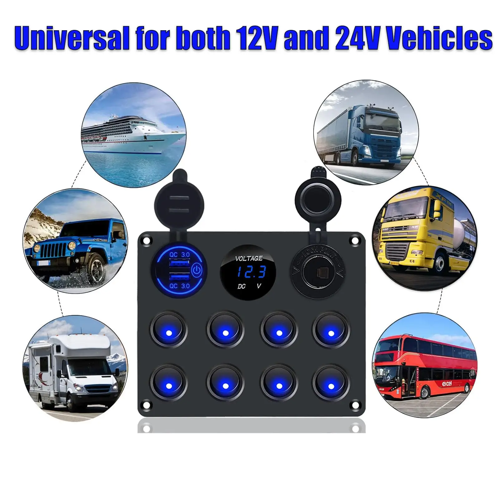 Marine Round Rocker Switch Panel 8 Gang QC30 USB Charger Digital Voltmeter Car Socket 12V ON OFF Switch for Boat Truck Trailer