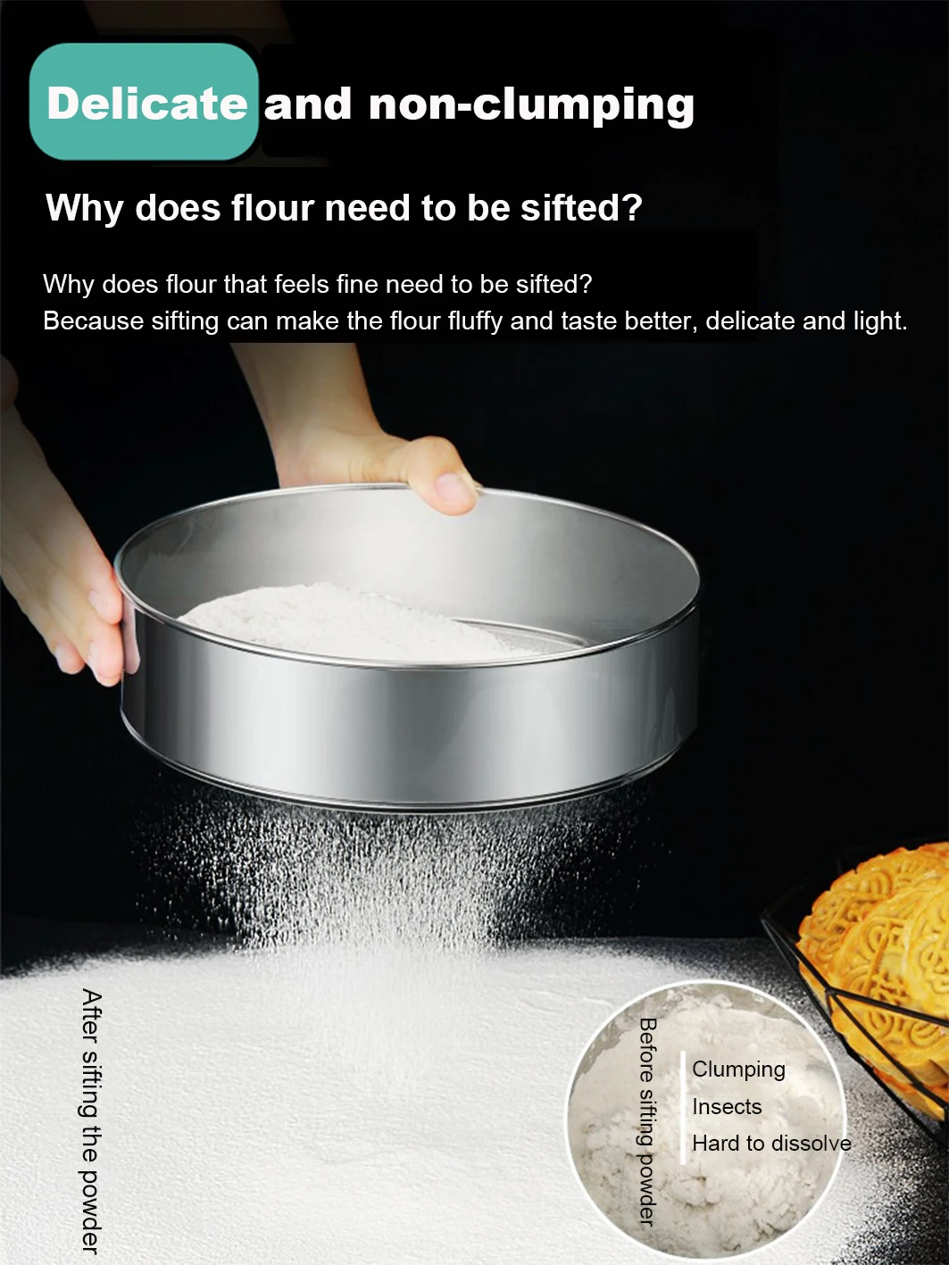 detailed flour sifter Small hole design filter round shape flour sieve