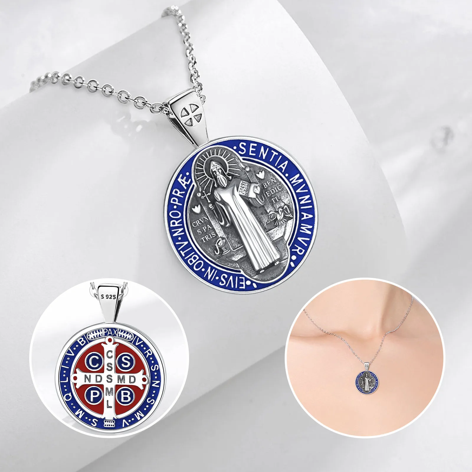 Changda blue enamel men 925 sterling silver amulet jewelry 3d religious pendant protectionsaint st benedict medal necklace