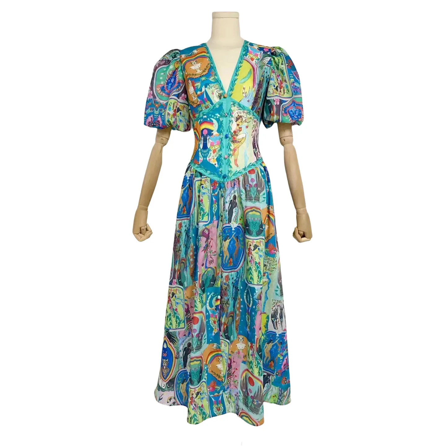 2023 New V-Neck French Vintage Puff sleeves short sleeves cinched waist slim slit Print Midi dress