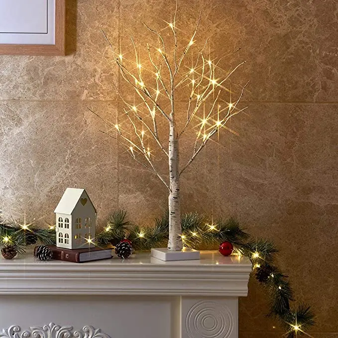 24LT Lighted Birch Tree Battery Powered Timer Warm White LED Artificial Branch Tree for Home Party Festival Wedding Decor