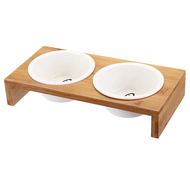 Wholesale bamboo dog bowl raised stand pet ceramic bowl pet feeder bamboo rack dog and cat bowl