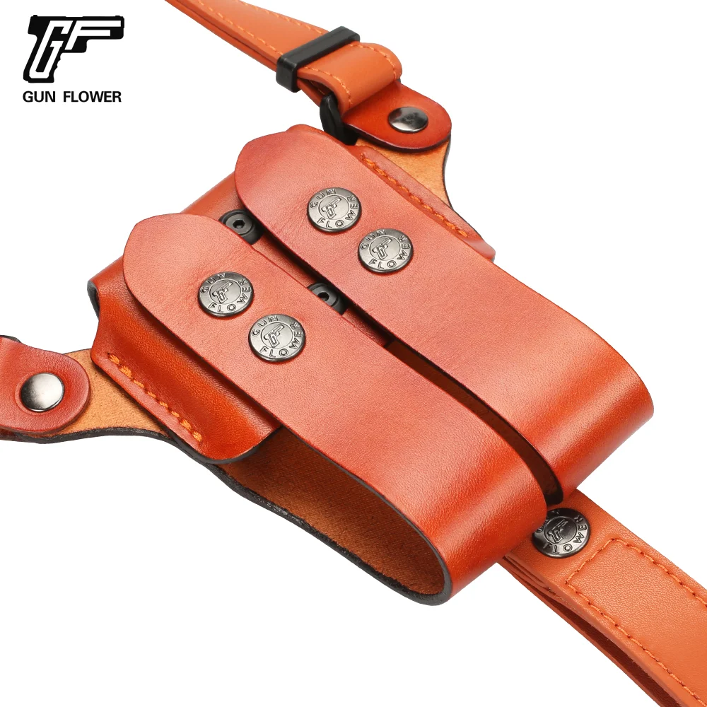 Gun&Flower Universal Leather Shoulder Holster Universal Holster+Double Mag Pouch Full Grain Leather Comfortable Carry
