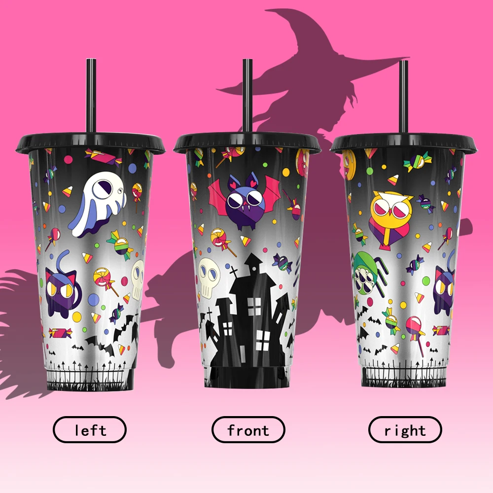 Magic tumbler sipper glass plastic Halloween Ghost magic cold colour black color changing cup with straw