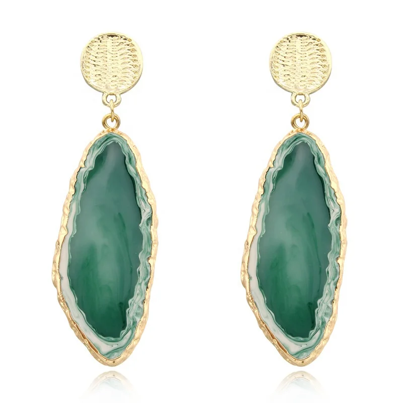 PJ-C017 Green earring pendant agate crystal piece Druze turquoise stud pendant gold plated