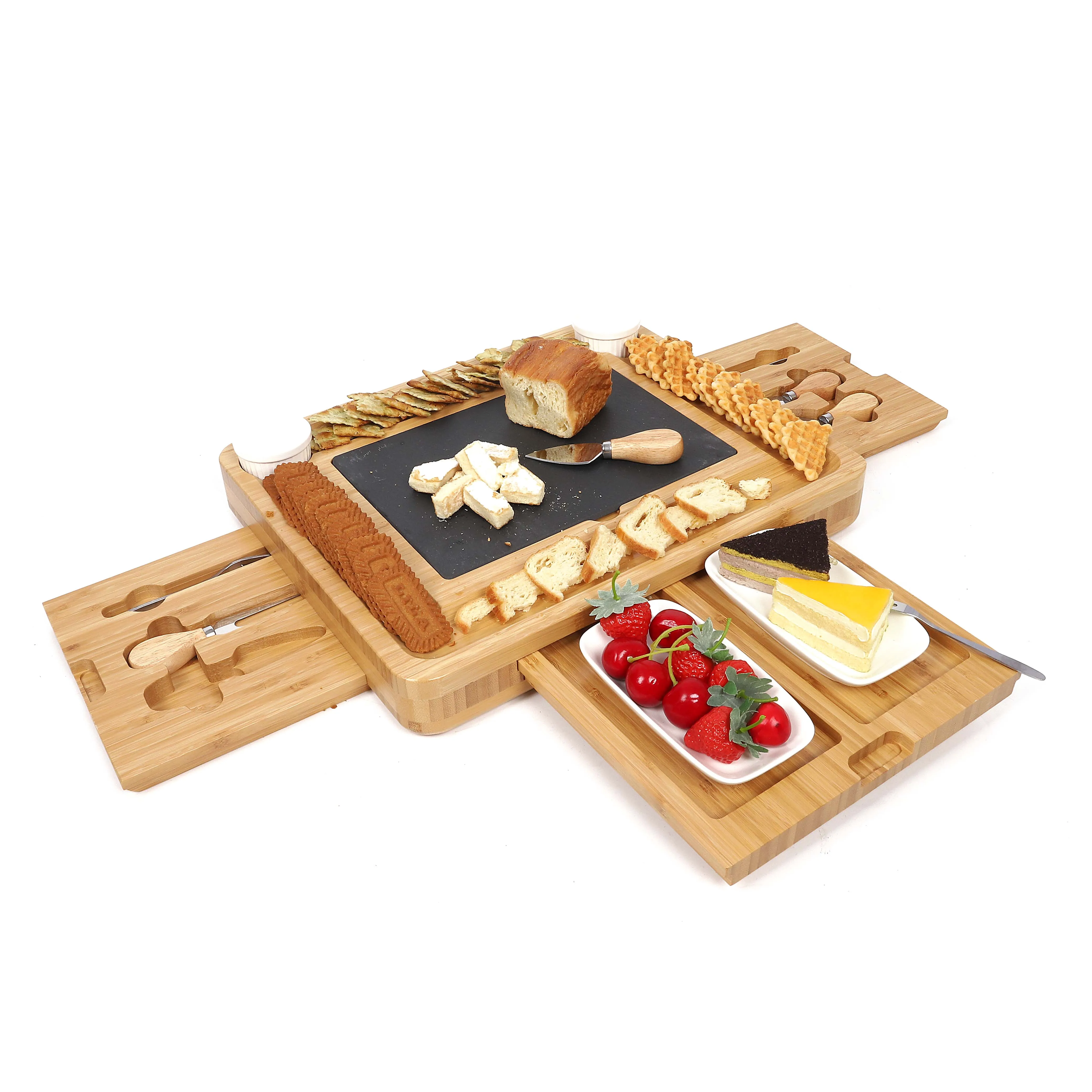 Bamboo Wine Cheese Serving Tray Handles Plus Drawer Cheese Knives cutting kitchen chop board with knife