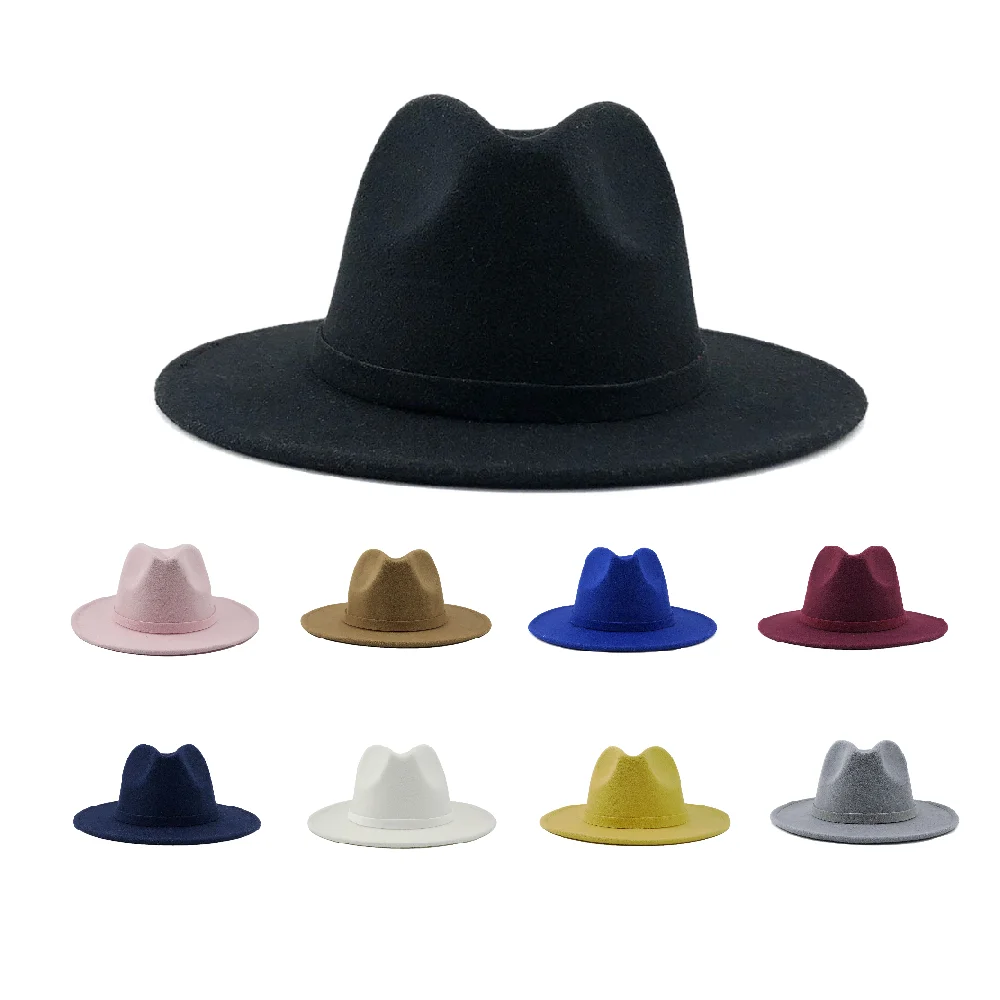 Custom White Pink Green Black Faux Wool Big Wide Brim Fedora Felt Hat Pink Ladies Stylish fedora hats for women wholesale 2021