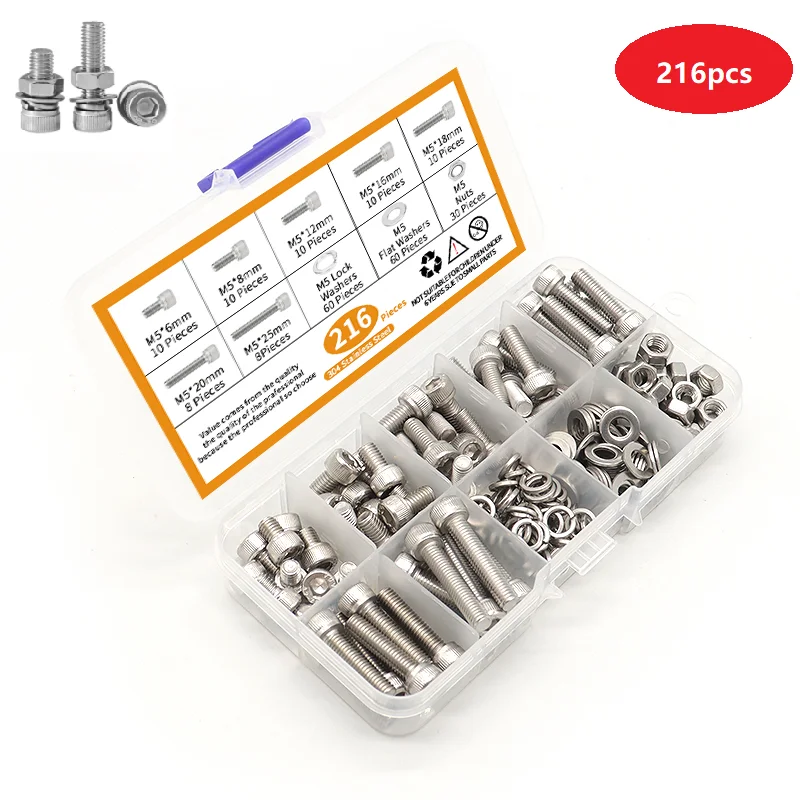 216pcs/Box In Stock M5 Hexegan Socket Bolts Nuts Washer Kit Bolts Set for Machine and other DIY Application