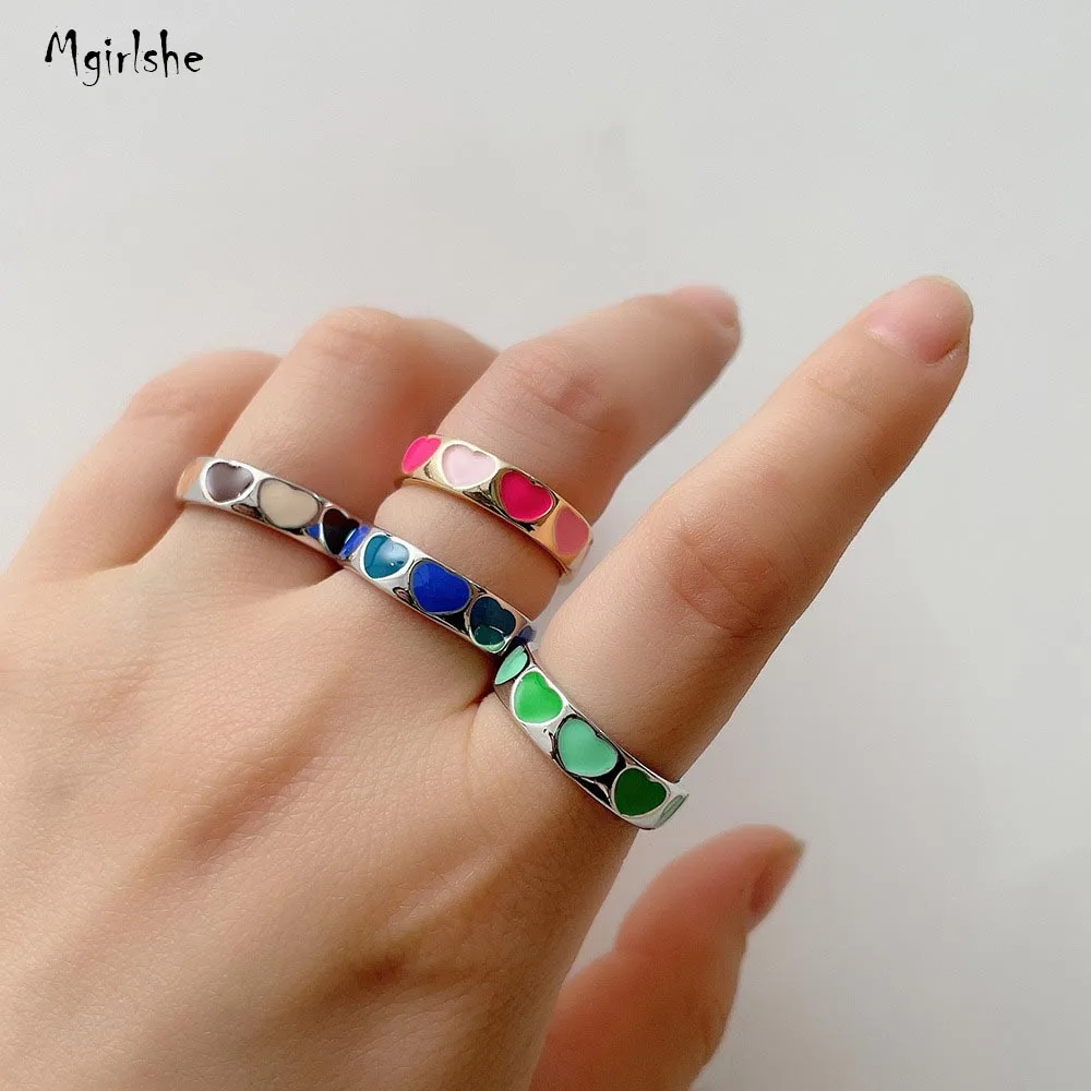 Mgirlshe Ins Popular New Design Enamal Cute Heart Pink Ring Gold Green Sweet Heart Girls Rings Navy Blue Heart Silver Ring Women