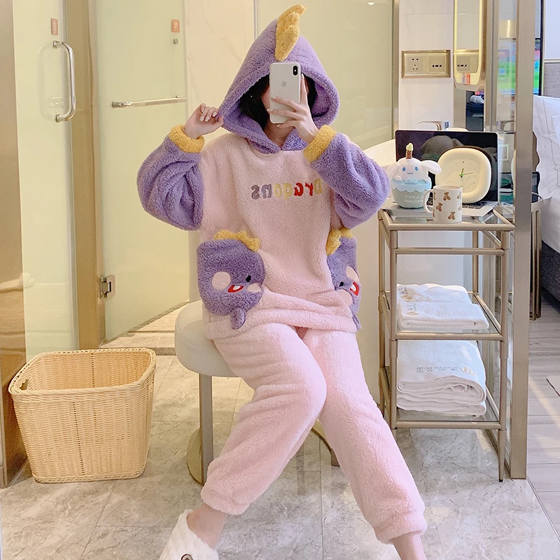 New flannel 2pcs pajamas for women cute cartoon hooded pijamas polar leisure winter sleepwear sets