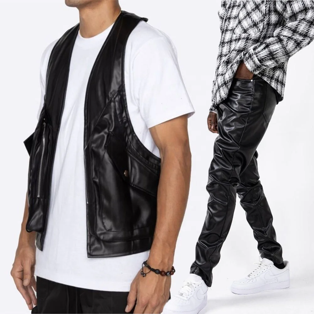 KY New Street Wear Fashion Sleeveless Wholesale Faux Leather Jackets Veste Homme Stacked Pants