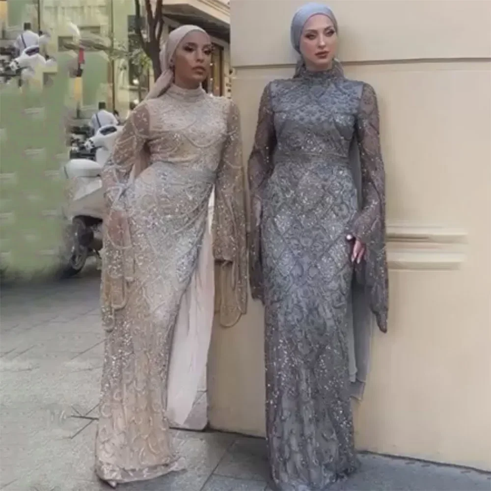 Serene Hill Muslim Grey Mermaid  Nude Cape Sleeve Beaded   Long Evening Dress 2024  Party LA72316 Customized