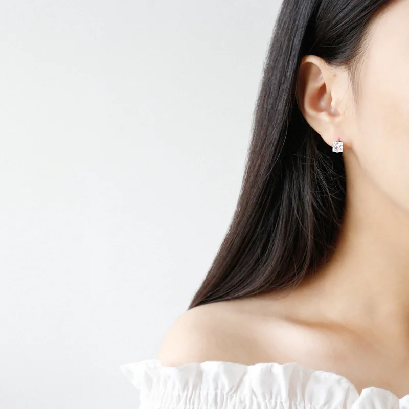 Custom S925 Sterling Silver Simple Geometric Square Zircon Earrings