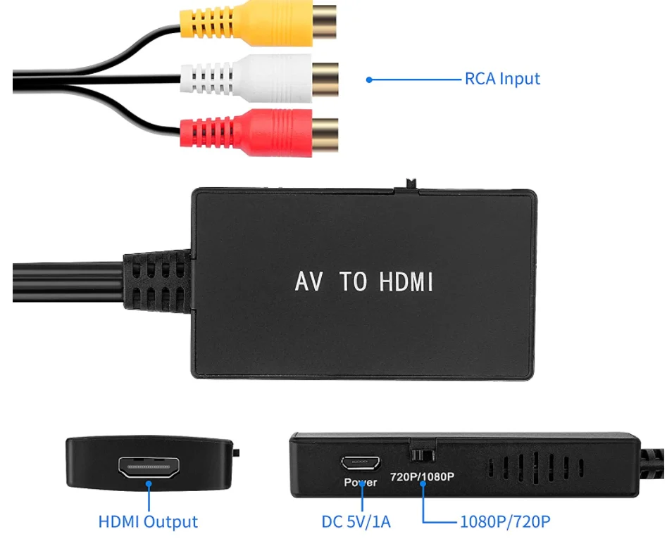 Преобразователь RCA в HDMI, композитный адаптер HDMI, поддержка 1080P PAL/NTSC, совместимый с PS one PS2