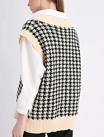 Houndstooth Sweater Vest Women Oversized V Neck Sleeveless Sweaters Cable Knit Tops Designer Manufacturer OEM