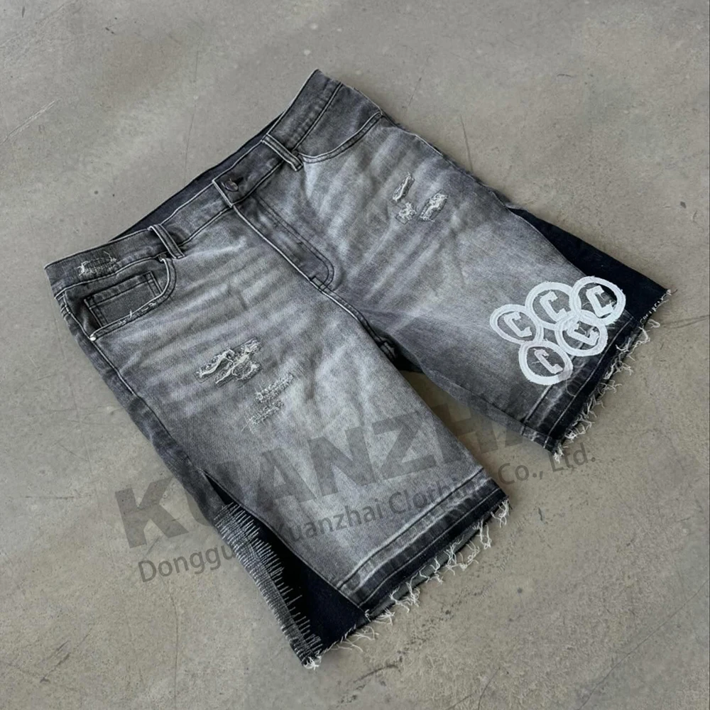 Custom manufacturer streetwear y2k crystal rhinestone baggy distressed man denim jorts embroidery patch flare jeans shorts men