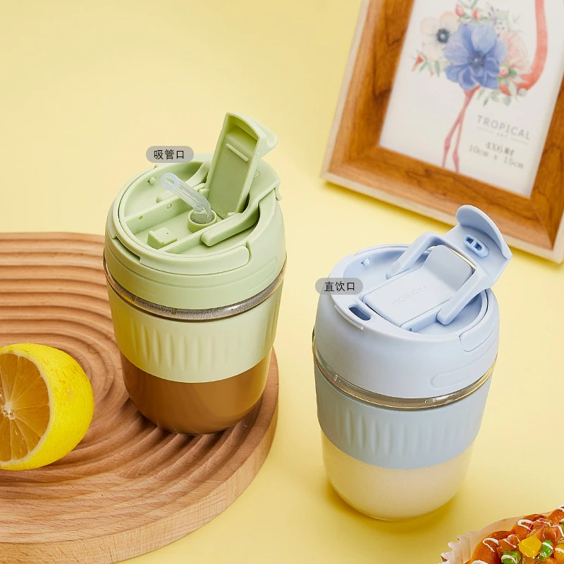 V76 Cheap Clear Double Drinking Glass Mug 500ml Eco Friendly Cute Kids Water Coffee Glass Cup With Straw And Lid