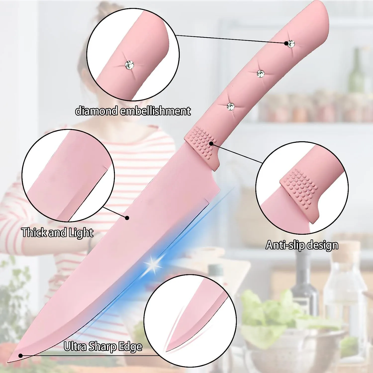 Kitchen Knife Set Pink Flower 6PC Stainless Steel Sharp Chef Cooking Non-slip Knife Set with Acrylic Stand & Block, Non-stick