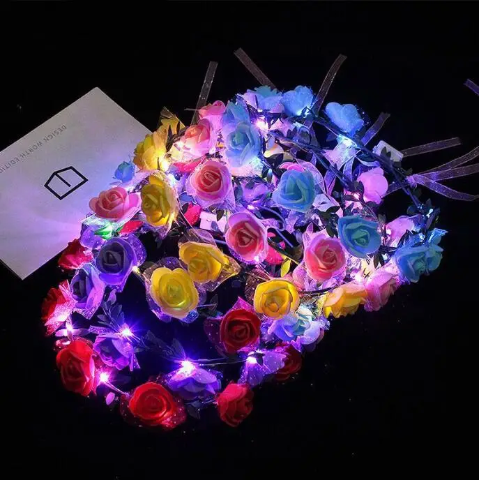 Women Girls Hawai LED Flower Crown Headband Light Up Garlands Glowing Floral Wreath Crown For Beach Party Festivals Wedding