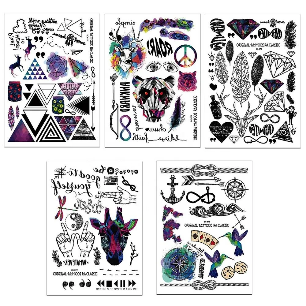 Custom Adhesive Four Color Printing Tatoo Sticker Water Transfer Owl Fox Head Plumage Bird Animals Body Art Temporary Tattoo